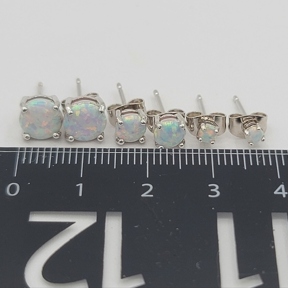 Lab Created Opal Silvertone Earrings Set of 3 Pairs #683 - Picture 2 of 8